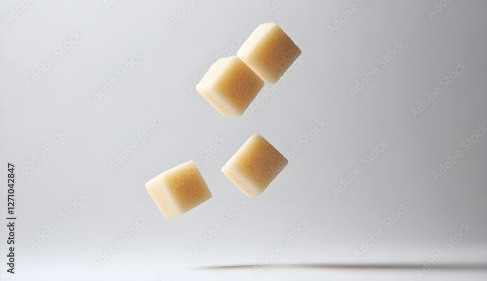 Sugar cubes floating in the air, isolated on a white background. Flat lay composition, studio lighting, high-resolution photography, incredibly detailed. Stock photo. Sugar cubes floating in the air, isolated on a white background. Flat lay composition, studio lighting, high-resolution photography, incredibly detailed. Stock photo.