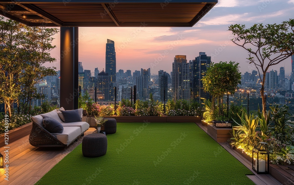 Fototapeta premium A rooftop garden with a perfect green lawn and city skyline view