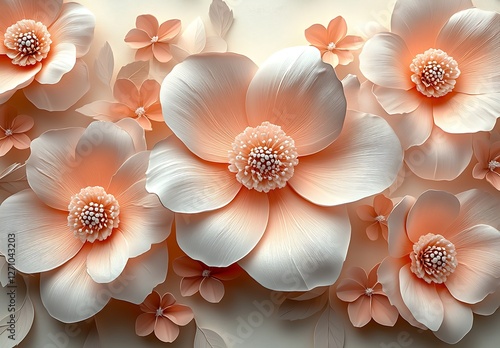  Elegant 3D Peach and White Flowers Arranged on Light Background