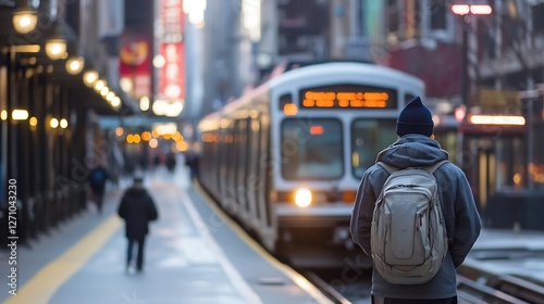 Urban scene capturing a traveler waiting for a train with a bustling city background and glimmering lights : Generative AI