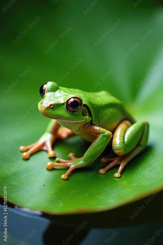 Green tree frog with brown spots resting on a large leaf, lily pad, springtime, brown spots Green tree frog with brown spots resting on a large leaf, lily pad, springtime, brown spots