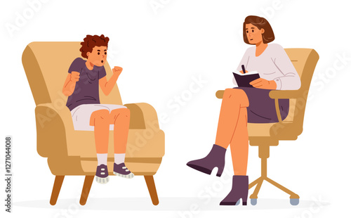 Angry teenager during psychological therapy session flat vector illustration isolated on white. Woman child psychologist with patient.