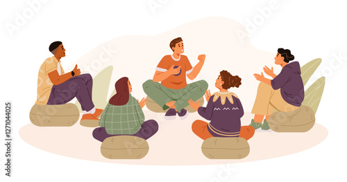 Man sharing his success in group therapy session flat vector illustration. Diverse people applauding, supporting and congratulating member of the group.