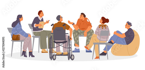 Diverse group of people with man psychologist on group therapy session flat vector illustration isolated on white. Man sharing his problems with  people.