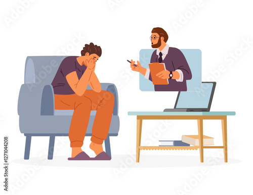 Man crying at home during online psychological therapy session flat vector illustration isolated on white. Man psychologist supporting his patient online.