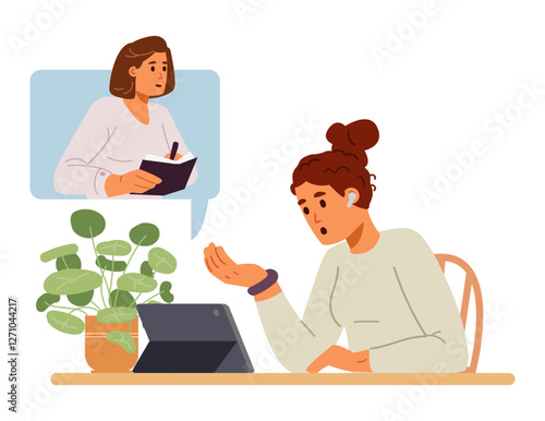 Online psychological session flat vector illustration isolated on white. A woman shares her problem with a psychologist via video call.