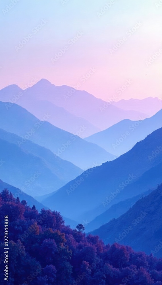 Ethereal blue purple and white gradient misty mountains, landscape, hills Ethereal blue purple and white gradient misty mountains, landscape, hills
