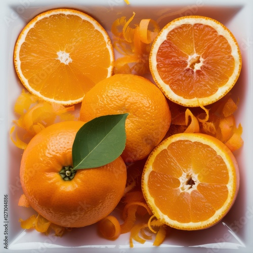 Orange Platter: Whole, Halved & Fresh Leaf