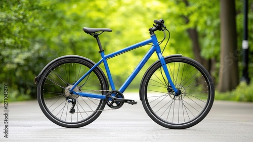 Blue Hybrid Bicycle on a Tree-Lined Path