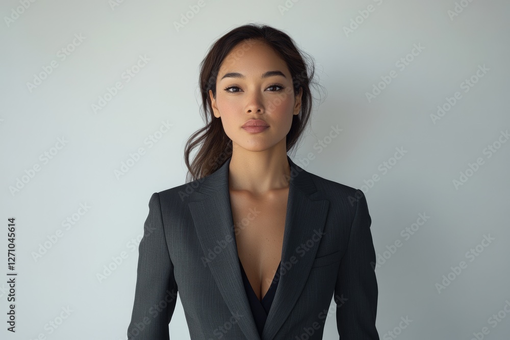 Confident Asian woman in a dark gray business suit against a white background. Confident Asian woman in a dark gray business suit against a white background.