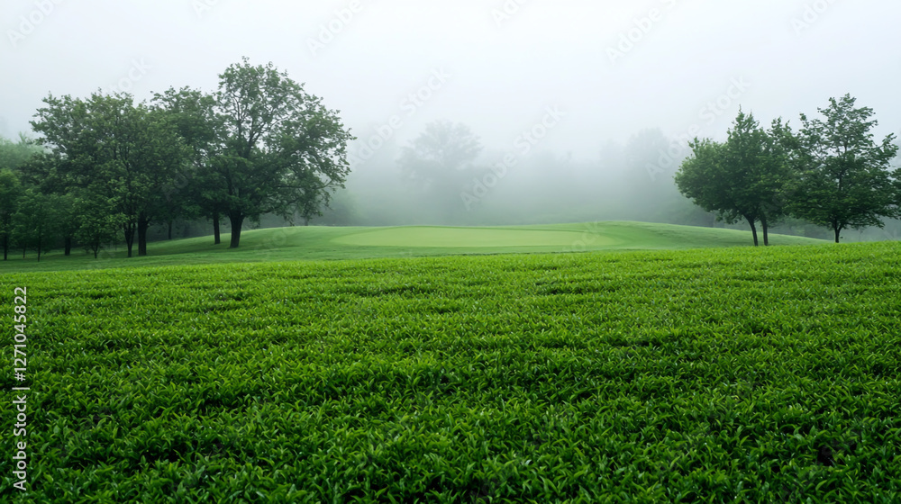 Obraz premium As the morning fog lifts, the green ground tea contrasts beautifully with the dark woods on a golf field