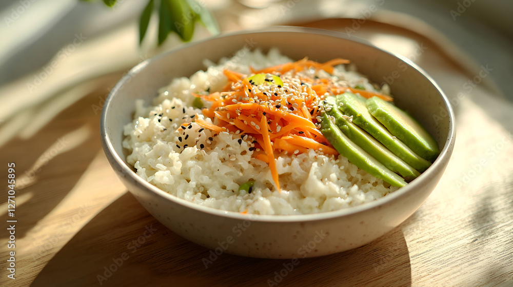 Rice bowl with avocado and carrots, topped with sesame seeds, in natural light. Healthy and delicious. Rice bowl with avocado and carrots, topped with sesame seeds, in natural light. Healthy and delicious.