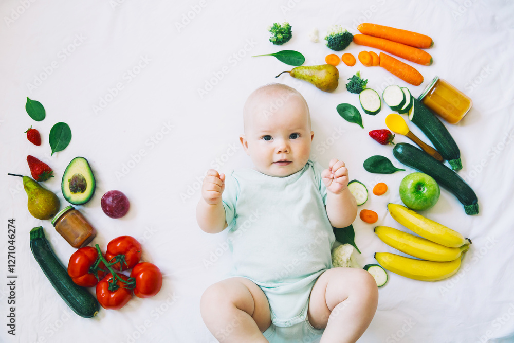 Healthy baby child nutrition, food background, top view. Healthy baby child nutrition, food background, top view.