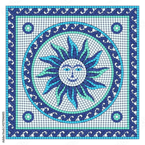 Classic mosaic sun ornament in marine style. For ceramics, tiles and other decor.