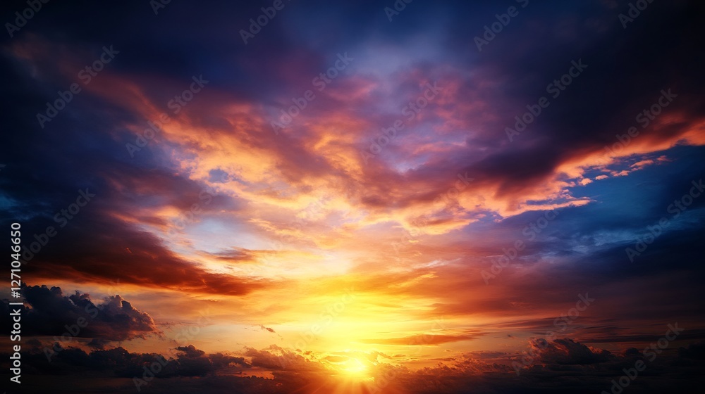 Fototapeta premium Fiery Sunset Panorama: A breathtaking view of a vibrant sunset with dramatic cloudscape