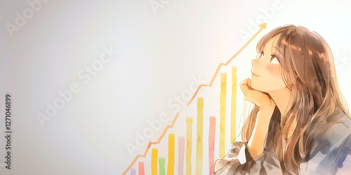 投資を考えている女性。水彩画。イラスト。挿絵。背景素材。