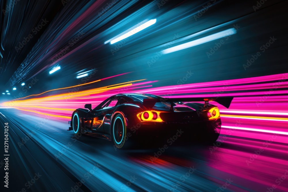 Fototapeta premium A sleek, black sports car speeds through a neon-lit tunnel, leaving vibrant trails of light.