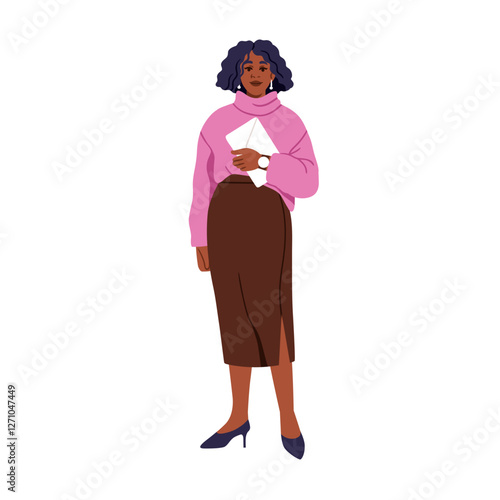 Black woman in business outfit. African American office worker wearing skirt, heels, holding document in hand. Modern style female employee. Flat vector illustration isolated on white background