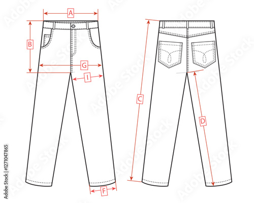 Classic jeans size chart, black and white flat sketch