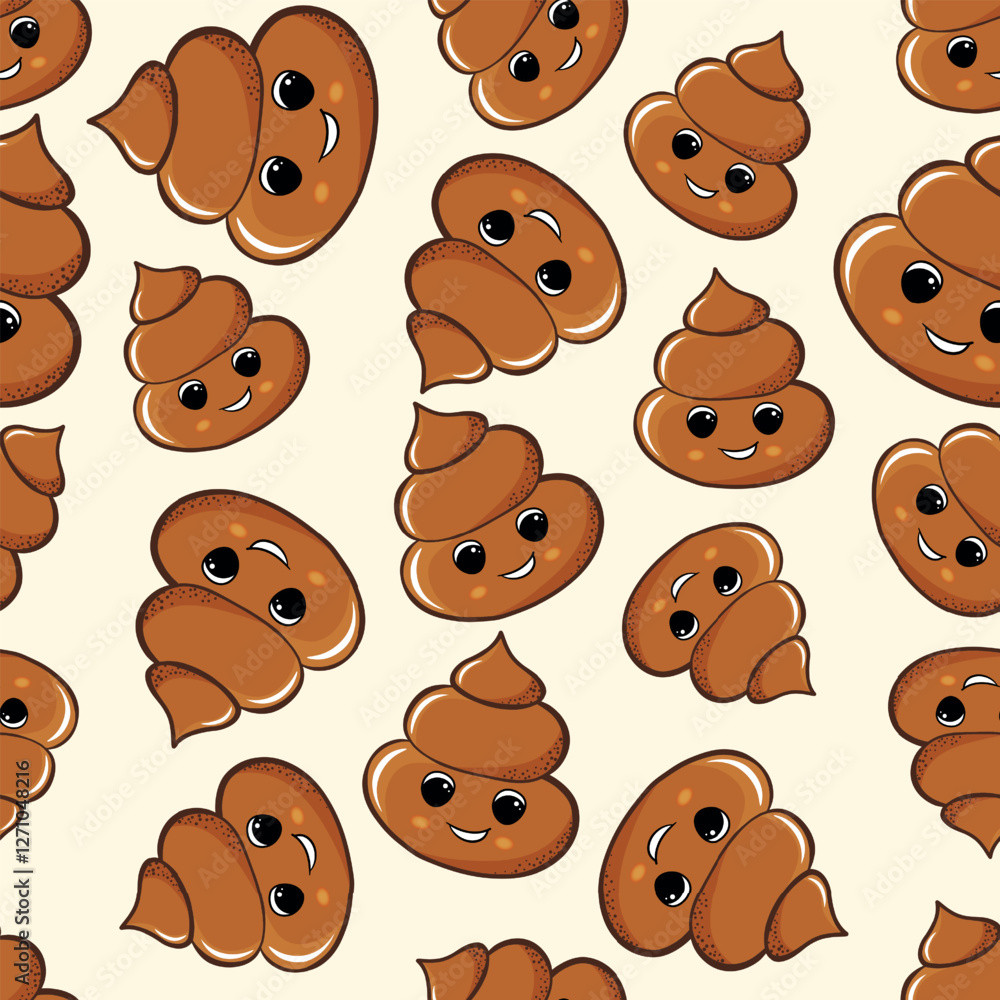 Fototapeta premium Seamless pattern with kawaii poop on white background. Cartoon poo, feces icons. Shit patterns, evil turd. Vector illustration for invitation, poster, card, fabric, textile. Doodle style.