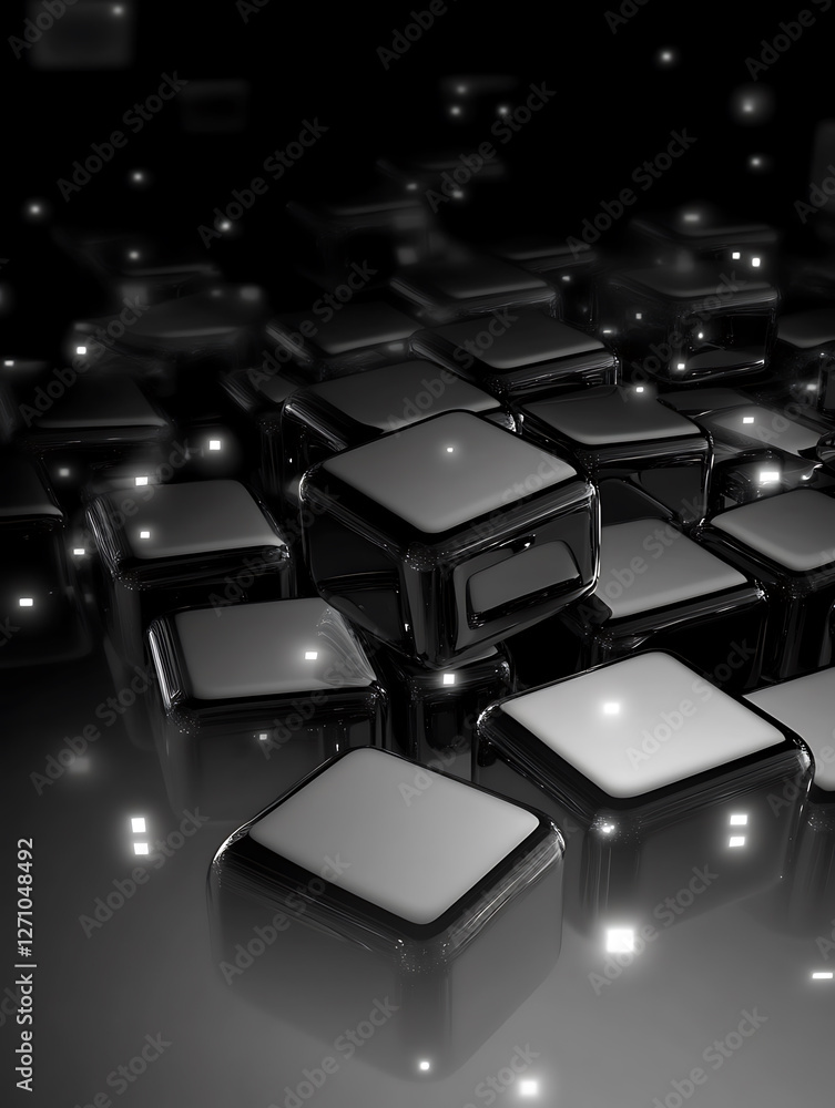 Obraz premium Monochromatic background of glossy cubes with rounded edges reflected light and subtle floating bokeh.