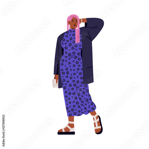 Stylish black woman in modern outfit. Sassy sexy girl in trendy apparel, clot...