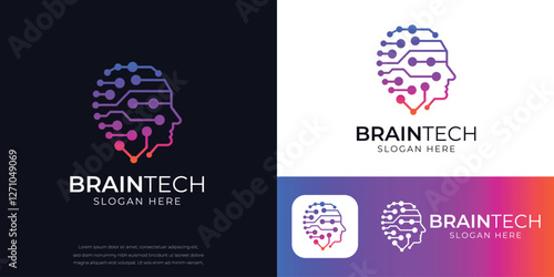 Brain tech logo design, futuristic circuit board-inspired human head profile for AI, technology, innovation, startup, neural networks, software development, and digital transformation companies.