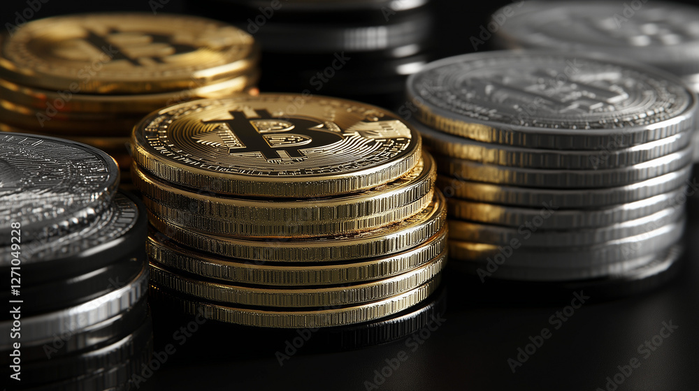 Bitcoin and cryptocurrency coins stacked representing blockchain technology and digital currency investment Bitcoin and cryptocurrency coins stacked representing blockchain technology and digital currency investment
