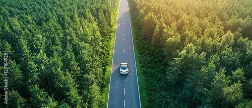 Aerial View of Eco-Friendly Electric Vehicle on Winding Road Through Endless Green Forest