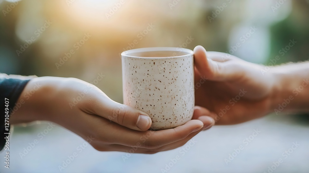 Two hands exchanging a cozy cup symbolizing warmth and connection : Generative AI Two hands exchanging a cozy cup symbolizing warmth and connection : Generative AI