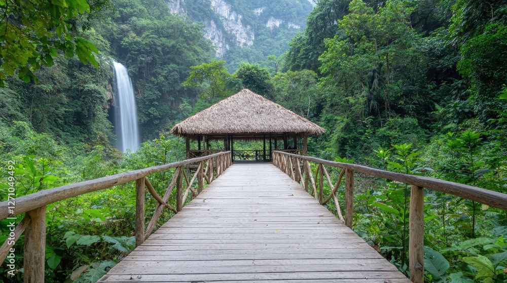 Wooden bridge to thatched hut, waterfall in lush forest. Possible use Travel photography Wooden bridge to thatched hut, waterfall in lush forest. Possible use Travel photography