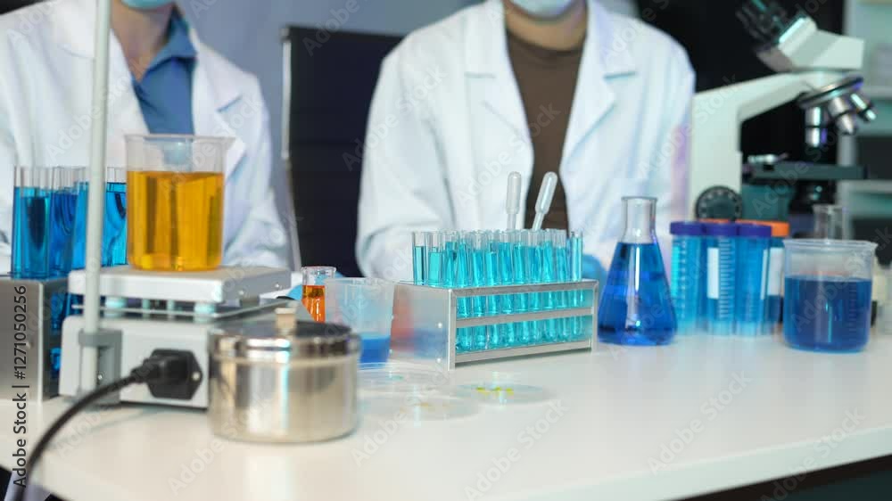 Science and medicine, scientist team analyzing and dropping a sample into a glassware, experiments containing chemical liquid in laboratory on glassware, innovative and technology. Science and medicine, scientist team analyzing and dropping a sample into a glassware, experiments containing chemical liquid in laboratory on glassware, innovative and technology.