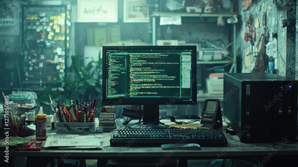 Programmer's Dark Workspace: Green Coding Screen on Cluttered Desk Programmer's Dark Workspace: Green Coding Screen on Cluttered Desk