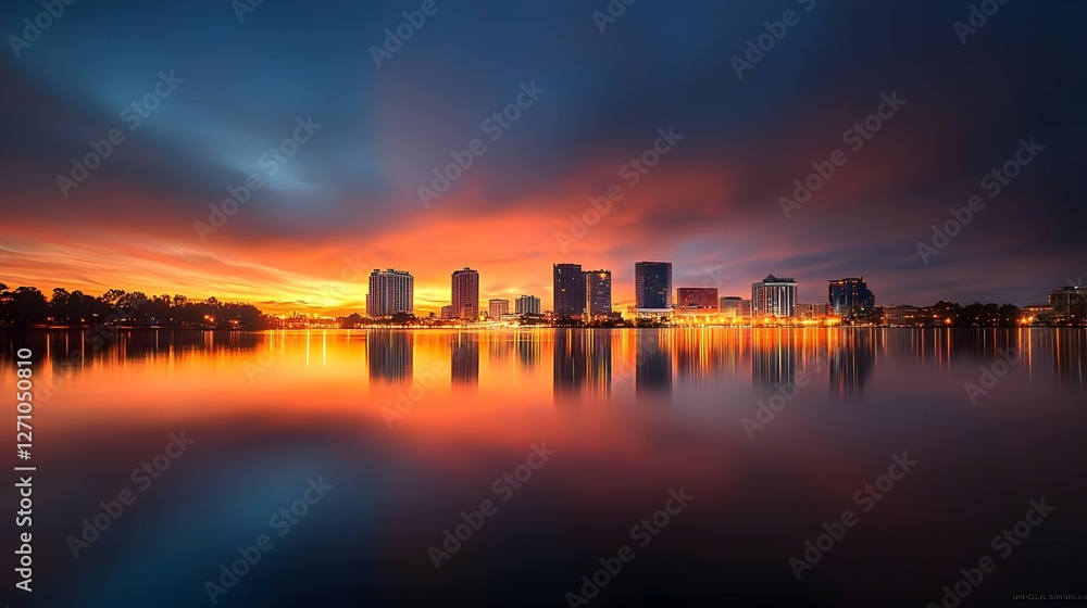Fototapeta premium Vibrant City Skyline Reflected in Calm Water at Sunset