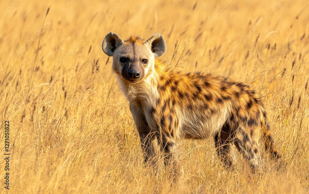 A sneaky hyena standing in golden grass A sneaky hyena standing in golden grass