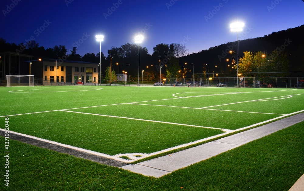 Fototapeta premium A soccer field with bright green grass and freshly painted lines