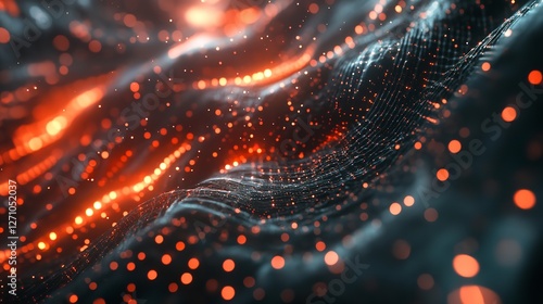  Data Stream Visualization: An Abstract Depiction of Data Flow, Featuring Glowing Particles and Lines Moving Across a Dark, Textured Surface, Emphasizing Connectivity and the Dynamic Nature of Informa photo