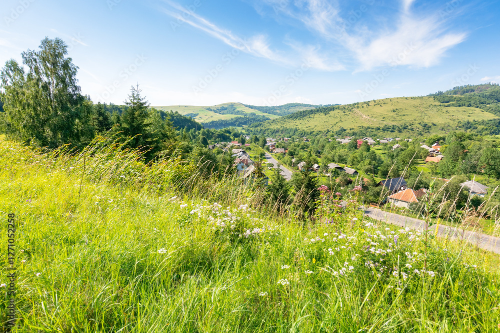 mountainous countryside landscape of ukraine in summer. organic farmland. scenery with grassy rural field and forest on hill. village in the valley. clouds on blue afternoon sky. natural environment