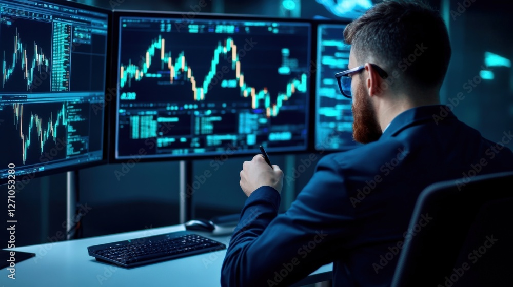Analyzing stock market trends using advanced software in a modern office environment with a professional viewpoint Analyzing stock market trends using advanced software in a modern office environment with a professional viewpoint