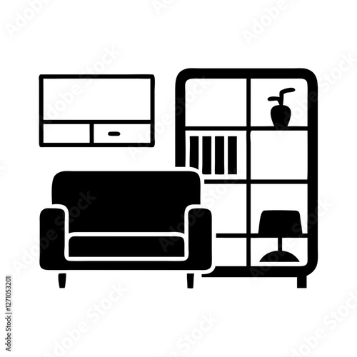 Furniture icon representing interior design with couch, shelves, and lamp