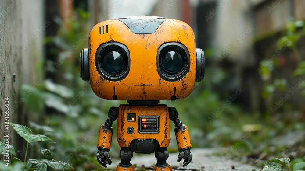 Colorful robot toy stands amidst greenery in an urban alleyway Colorful robot toy stands amidst greenery in an urban alleyway