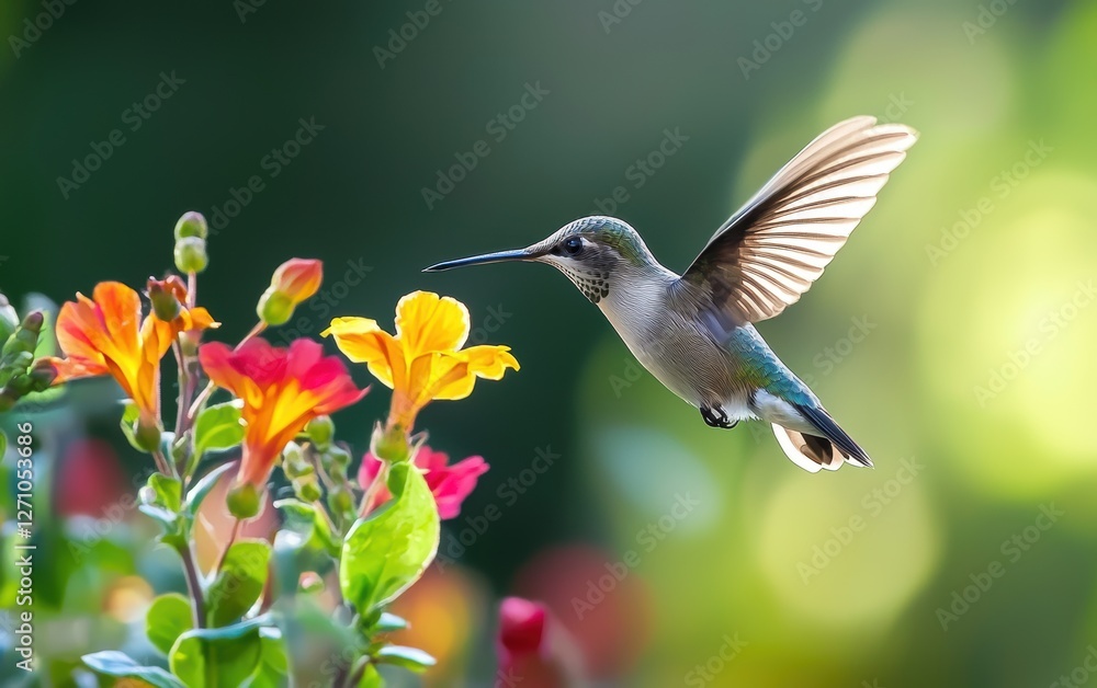 Fototapeta premium A tiny hummingbird hovering near a bright flower