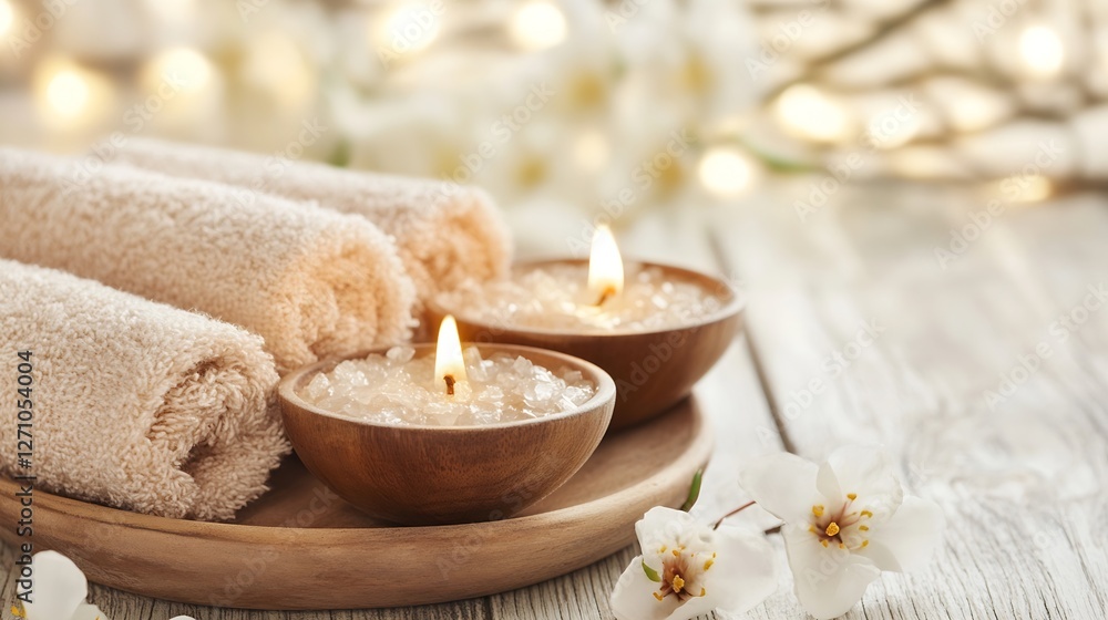 Relaxing Spa Setting with Soft Towels and Candles for a Peaceful Experience : Generative AI Relaxing Spa Setting with Soft Towels and Candles for a Peaceful Experience : Generative AI