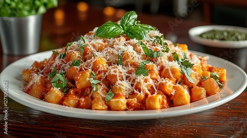 Restaurant-style pasta dish with tomato sauce, Parmesan cheese, and fresh basil on a white plate photo