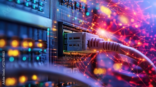 An imaginative portrayal of modern digital network infrastructure, with neon-lit cables and servers that accentuate the high-tech data transfer capabilities and connectivity of today's digital world