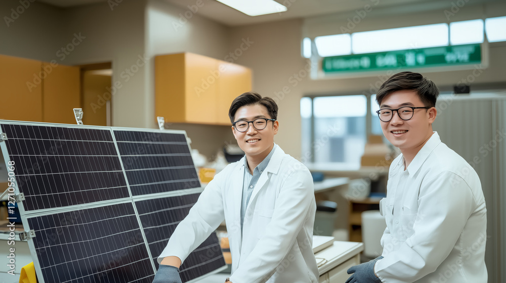 Fototapeta premium Innovation in Action: Two smiling scientists, clad in lab coats, stand alongside solar panels in a clean, well-lit laboratory, signifying progress. 