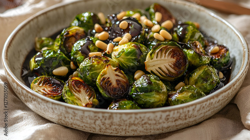 A bowl of delicious roasted brussel sprouts, drizzled with a balsamic glaze and topped with toasted nuts.