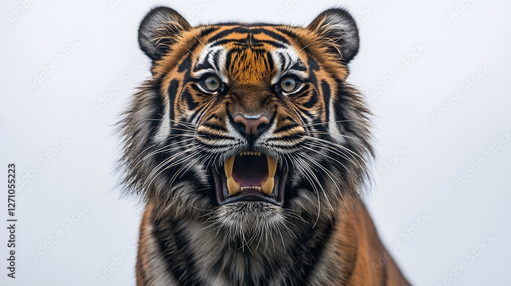 Fototapeta premium Dramatic close-up portrait of fierce Bengal tiger with intense expression against isolated white background, powerful wildlife predator photography, majestic big cat face