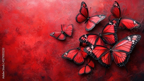 A dense flurry of dark butterflies casting shadows on a weathered, gothic-styled stone wall with red accents.