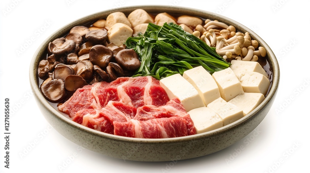 Bowl of hot pot ingredients including thinly sliced beef mushrooms tofu placed symmetrically Bowl of hot pot ingredients including thinly sliced beef mushrooms tofu placed symmetrically